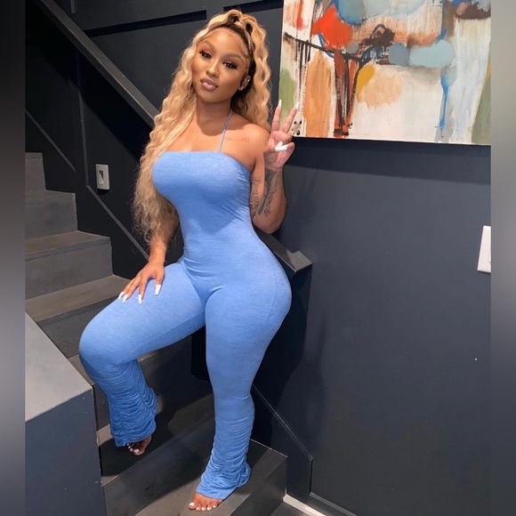 Baddieville Pants - Baddieville “Mine Again” Jumpsuit – Blue, Ruched Legs – XS